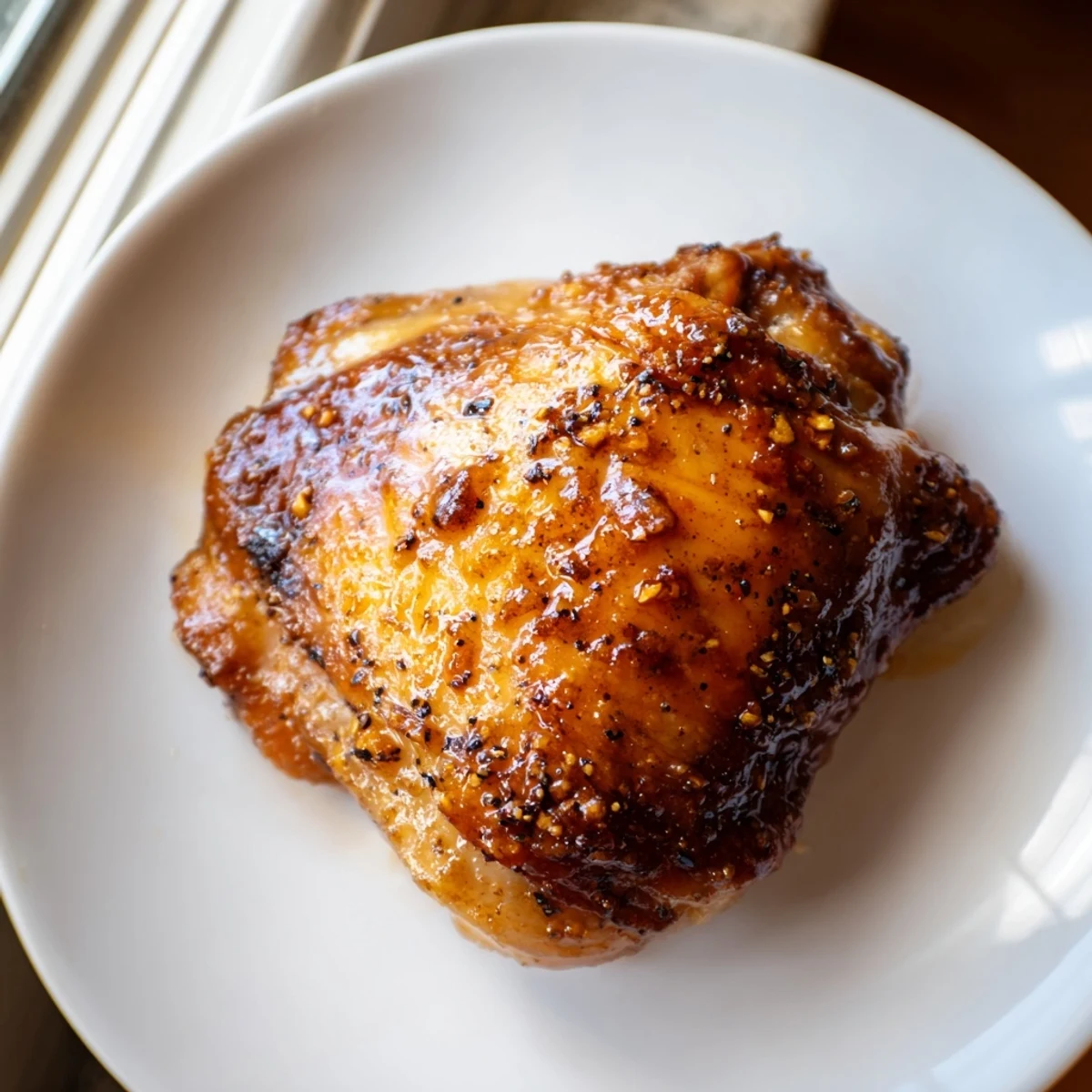 Golden glazed chicken with herb rice and crispy roasted potatoes on a white plate