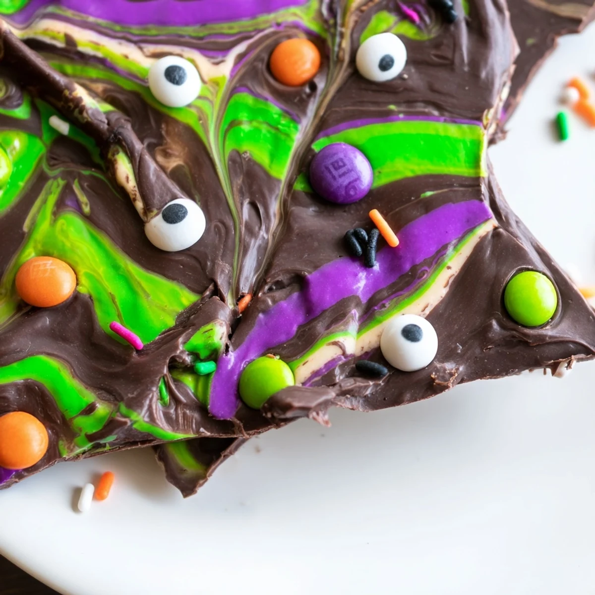 Melting Witches Bark with swirled chocolates, candy eyes, and spooky Halloween sprinkles