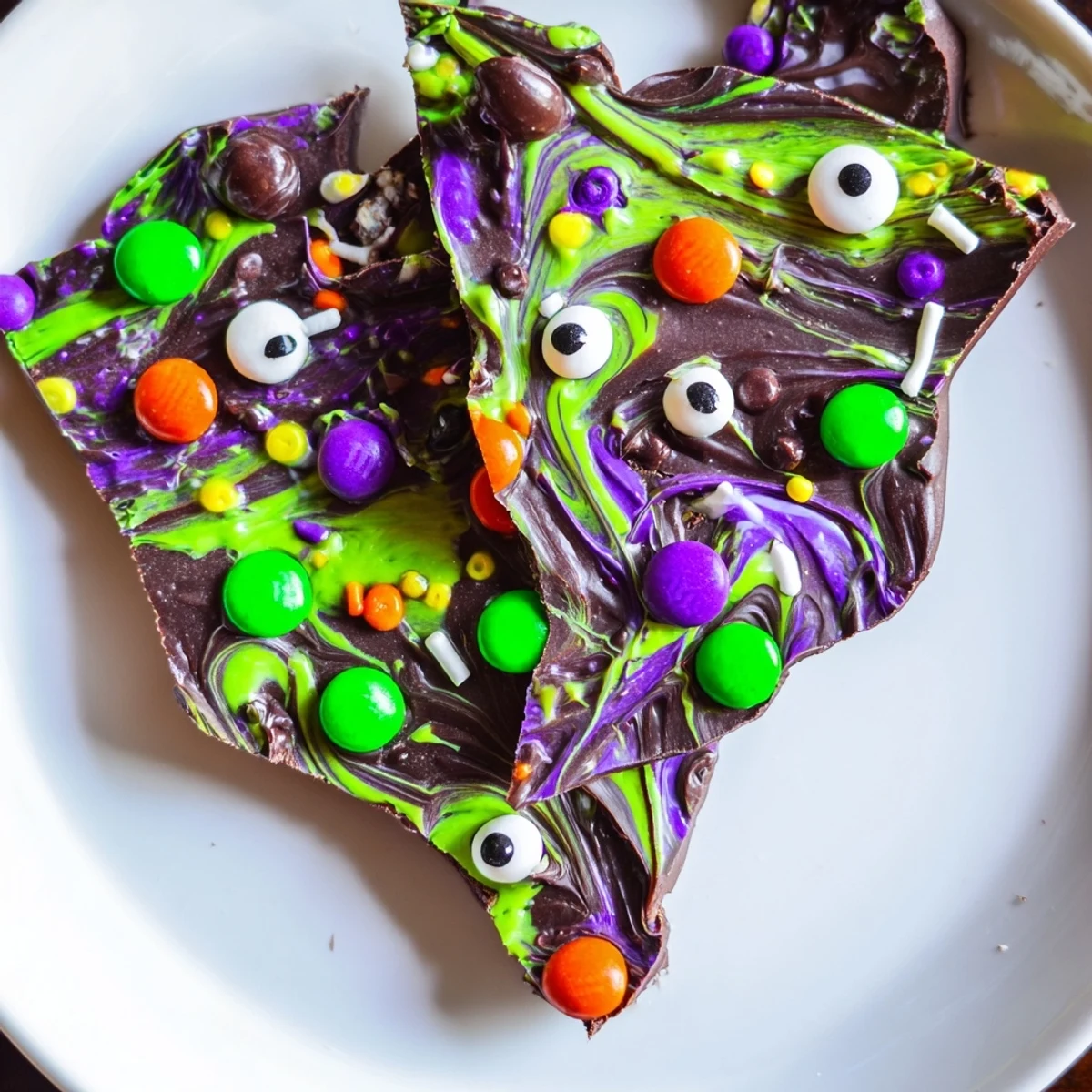 Melting Witches Bark broken into rustic shards dotted with creepy candy eyes