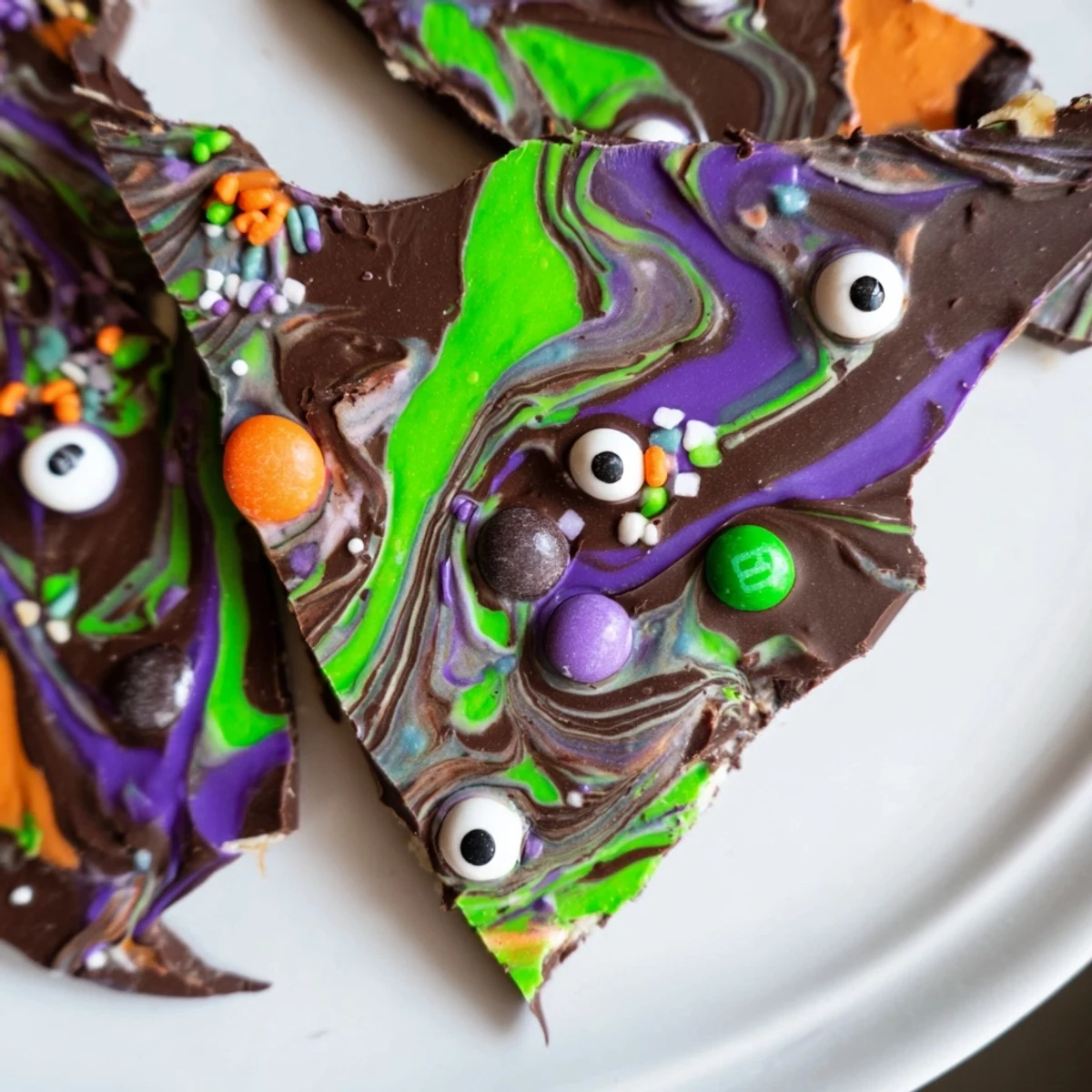 Dark and white chocolate marbled Melting Witches Bark topped with colorful candy pieces