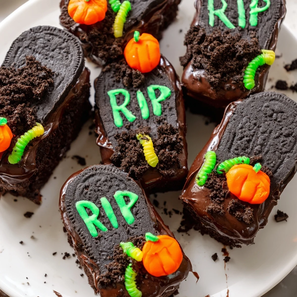 Pull Apart Graveyard Cupcakes frosted with chocolate and topped with cookie crumb dirt and gummy worms