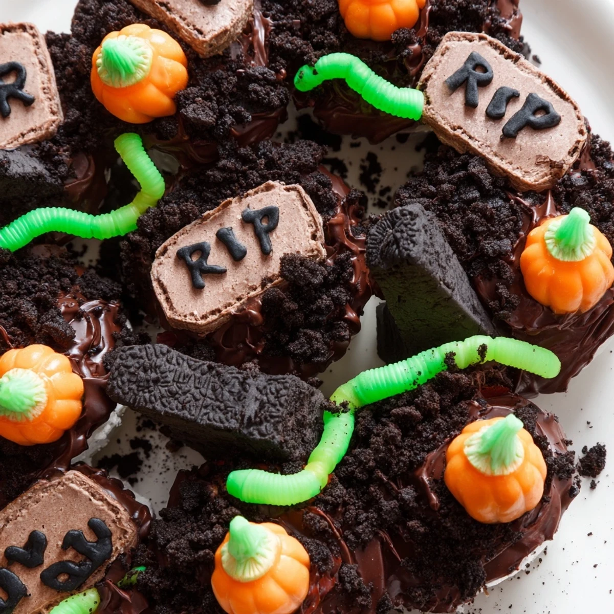 Spooky Pull Apart Graveyard Cupcakes decorated with tombstone cookies candy pumpkins and rich chocolate frosting