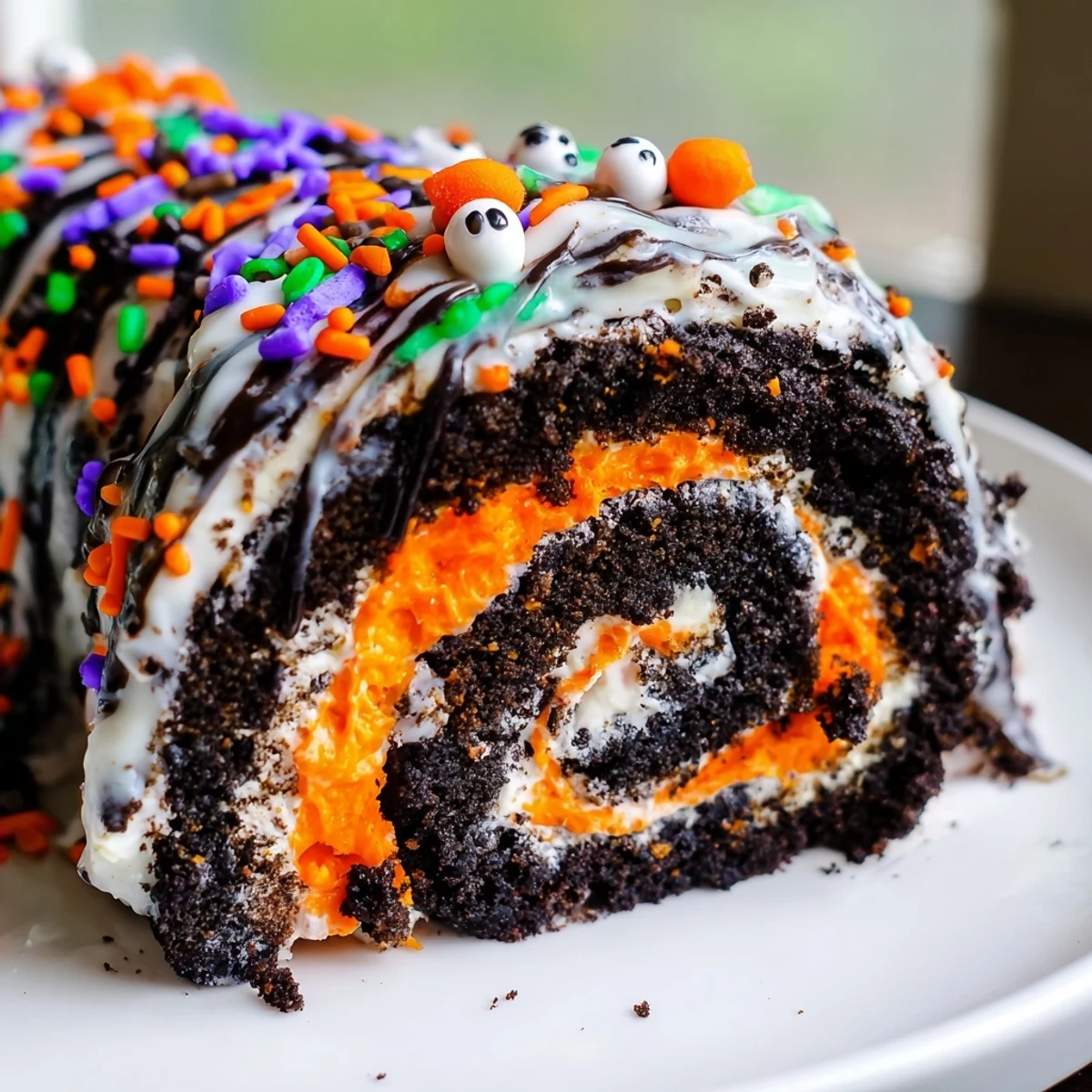 Spooky Halloween Oreo Roll sliced and drizzled with chocolate on a festive platter