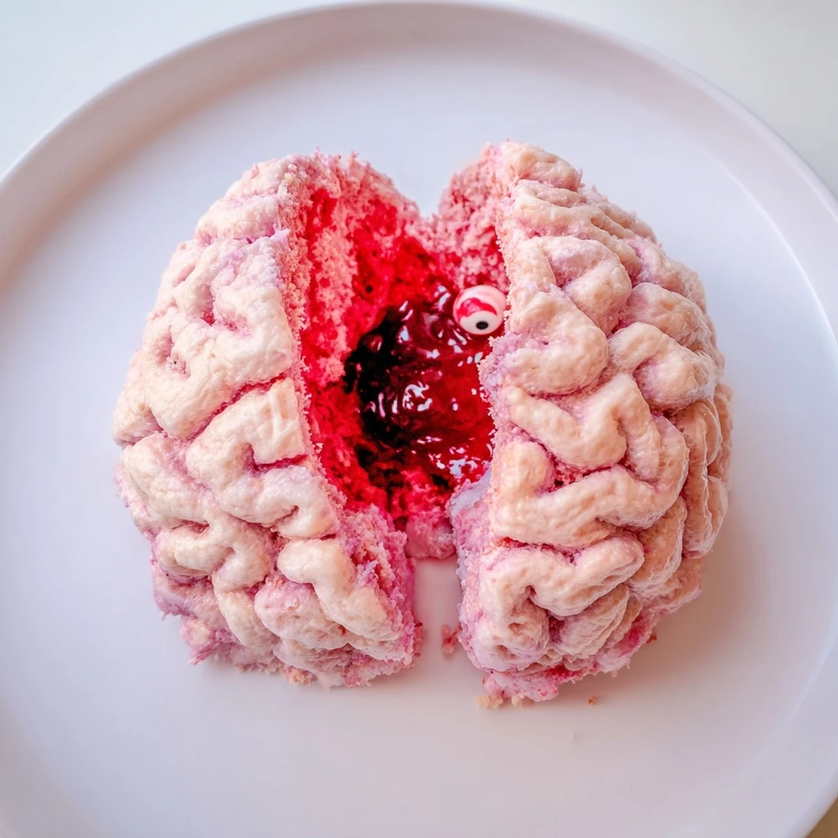 Spooky Stuffed Crispy Rice Cereal Brain sliced open revealing gooey red berry filling