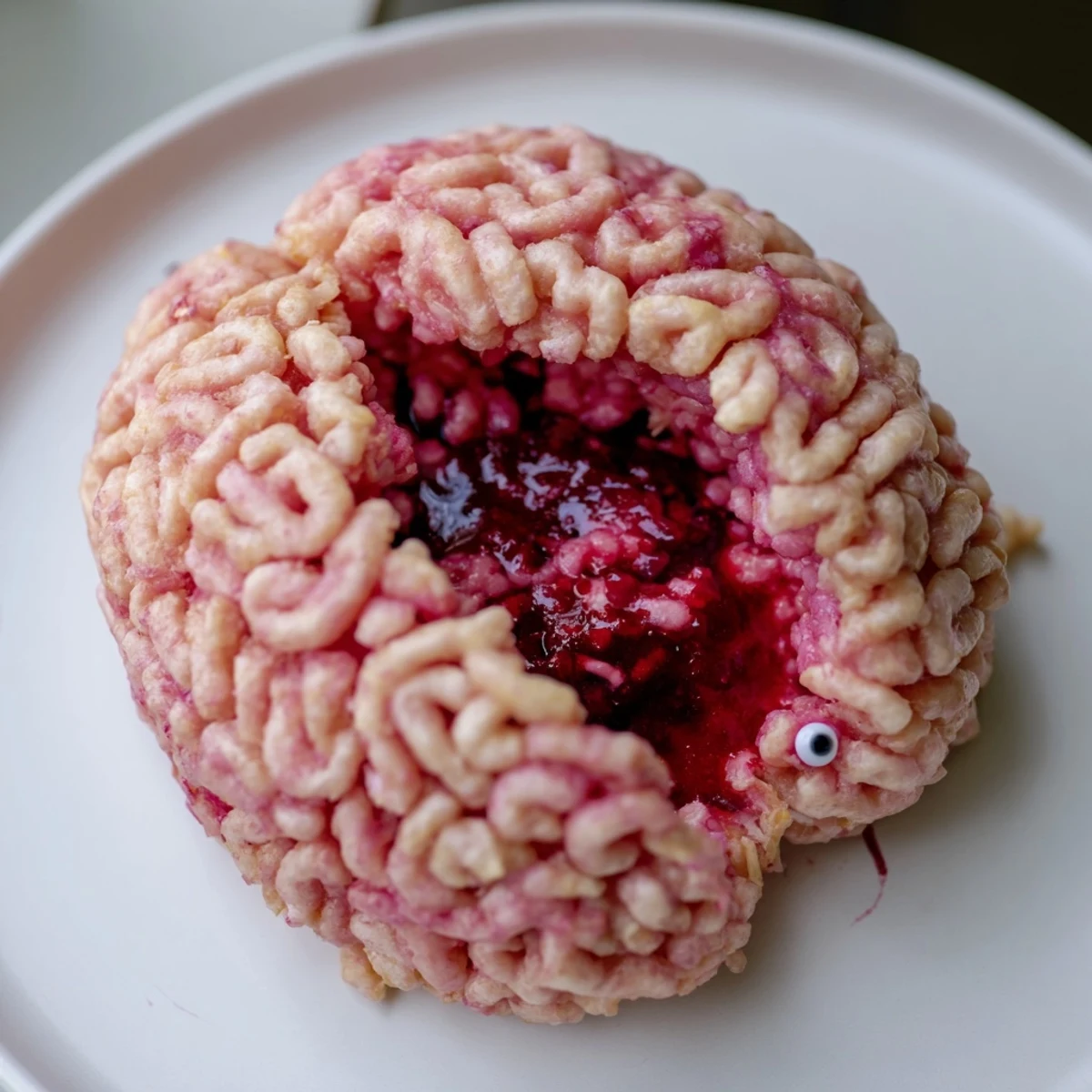 Pink molded Spooky Stuffed Crispy Rice Cereal Brain with textured ridges on a Halloween party platter