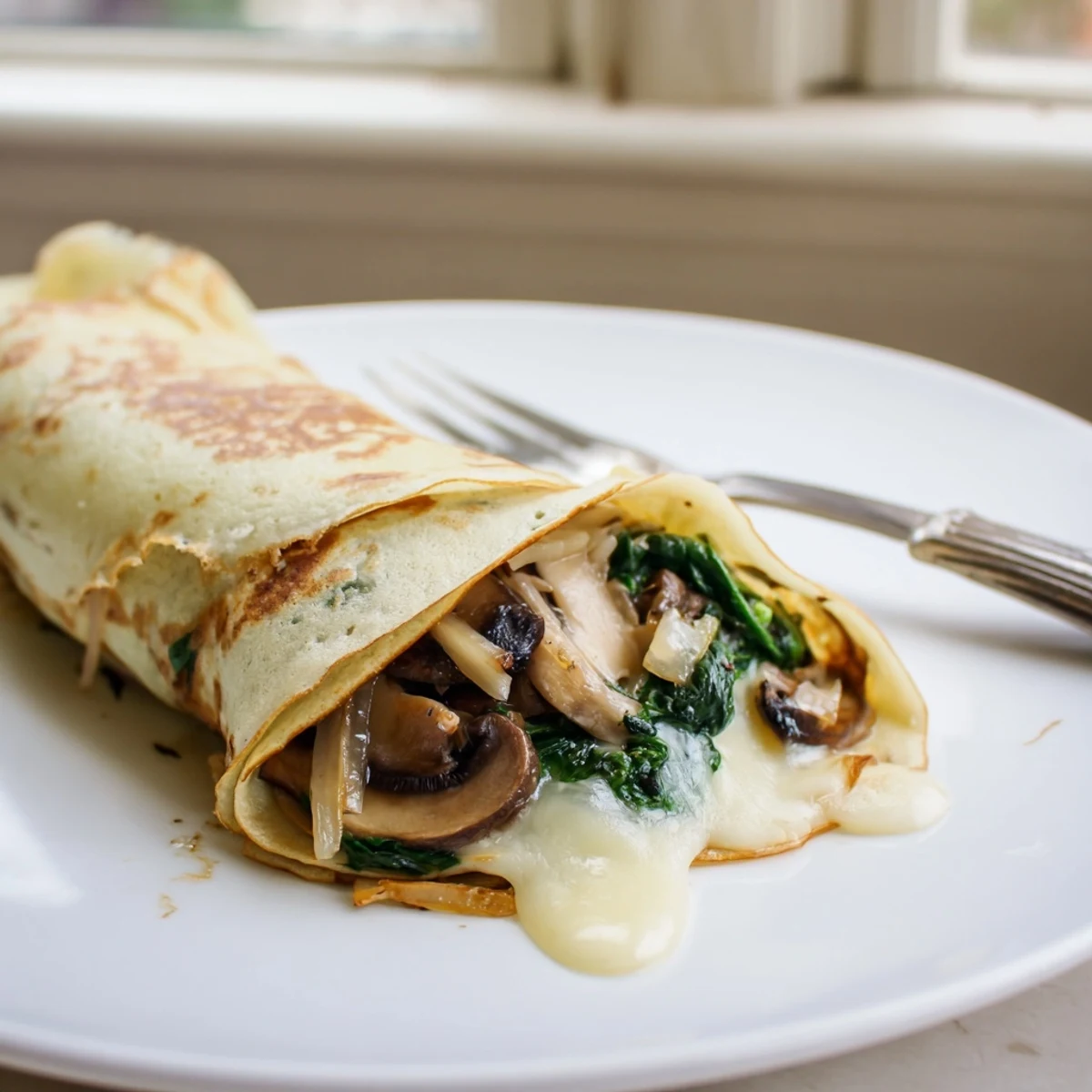Golden savory crepes filled with sautéed spinach, mushrooms, and melted Gruyère cheese on a white plate
