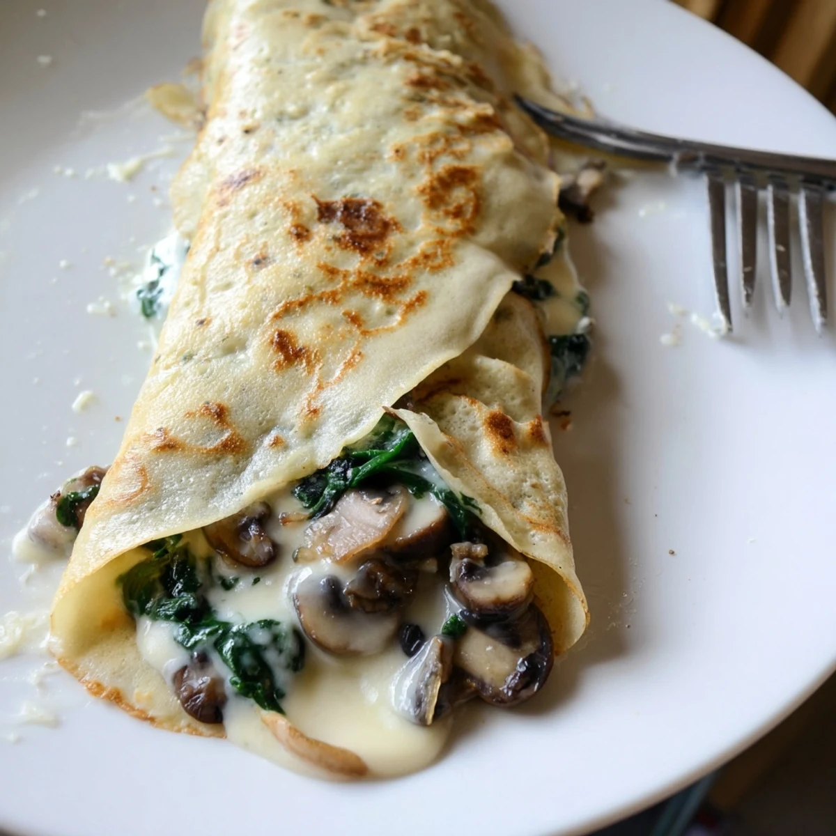 Delicate savory crepes folded over garlicky mushrooms and wilted spinach, topped with melting Swiss cheese