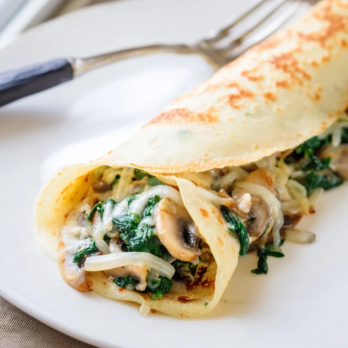 Thin French savory crepes rolled around a warm spinach and mushroom filling, ready to serve