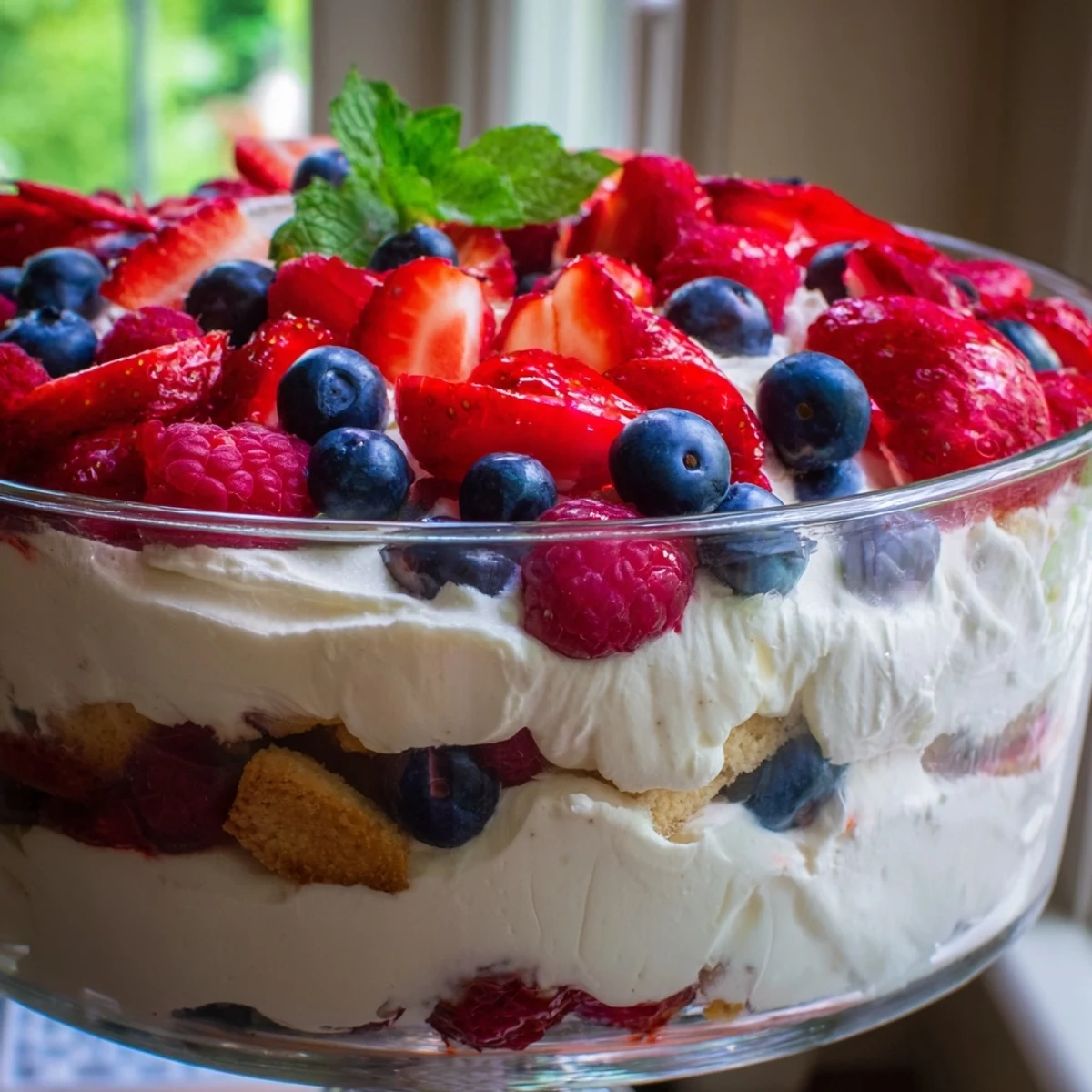Red White Blue Mixed Berry Yum Yum layered in a glass trifle bowl with fresh strawberries