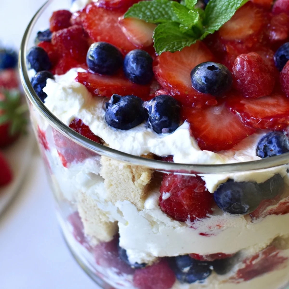 Creamy Red White Blue Mixed Berry Yum Yum topped with whipped filling and juicy berries