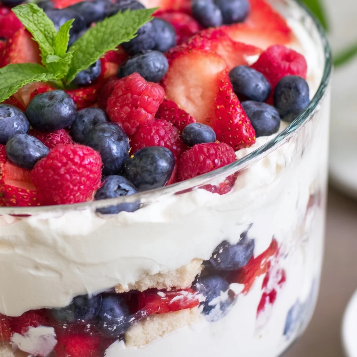 Red White Blue Mixed Berry Yum Yum served in individual cups with crushed shortbread and mint