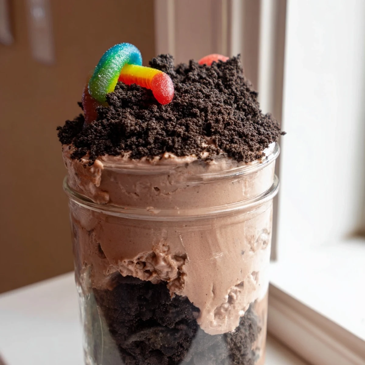 Creamy dirt pudding layered with crushed cookies and playful gummy worms
