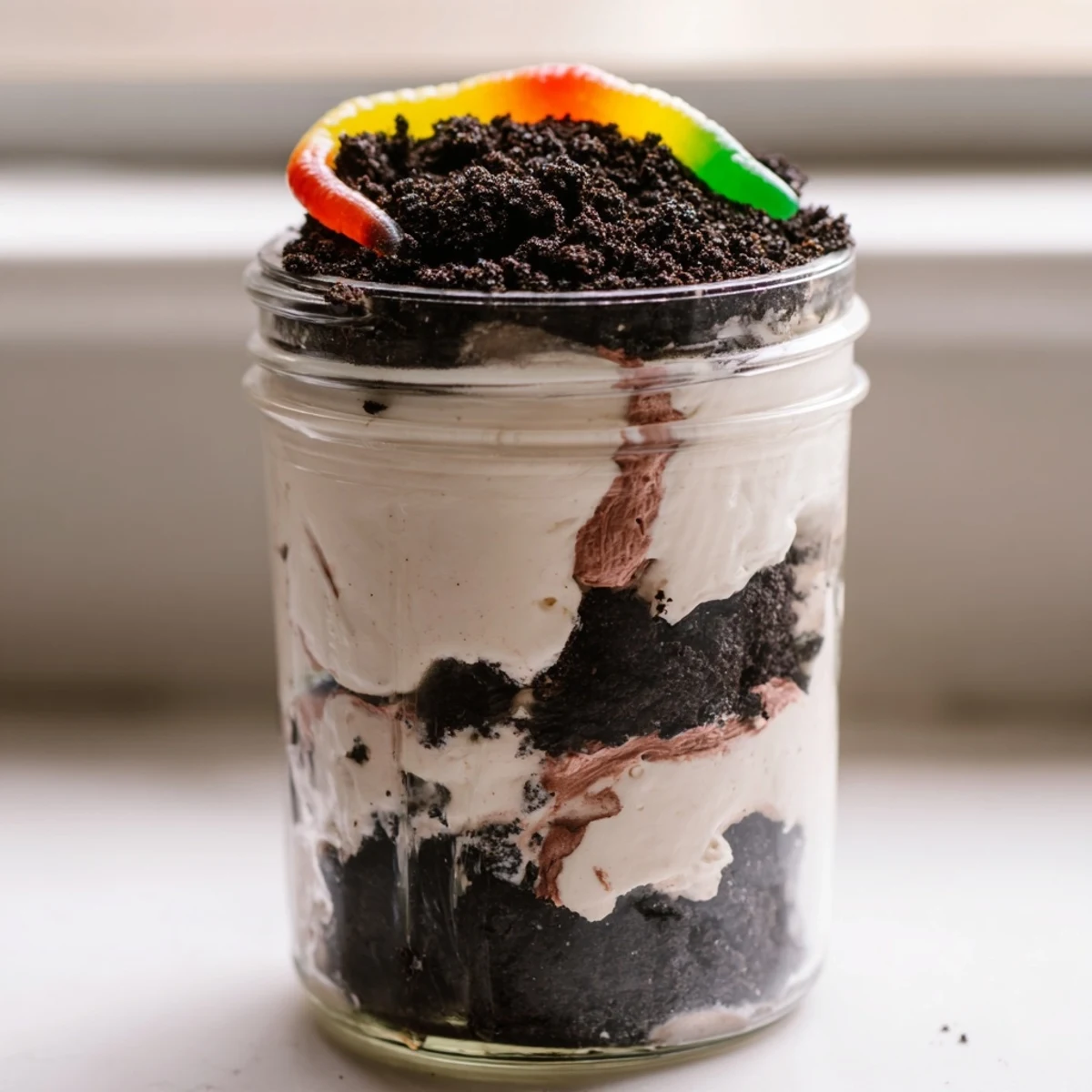 Rich chocolate dirt pudding in individual jars topped with cookie crumbs