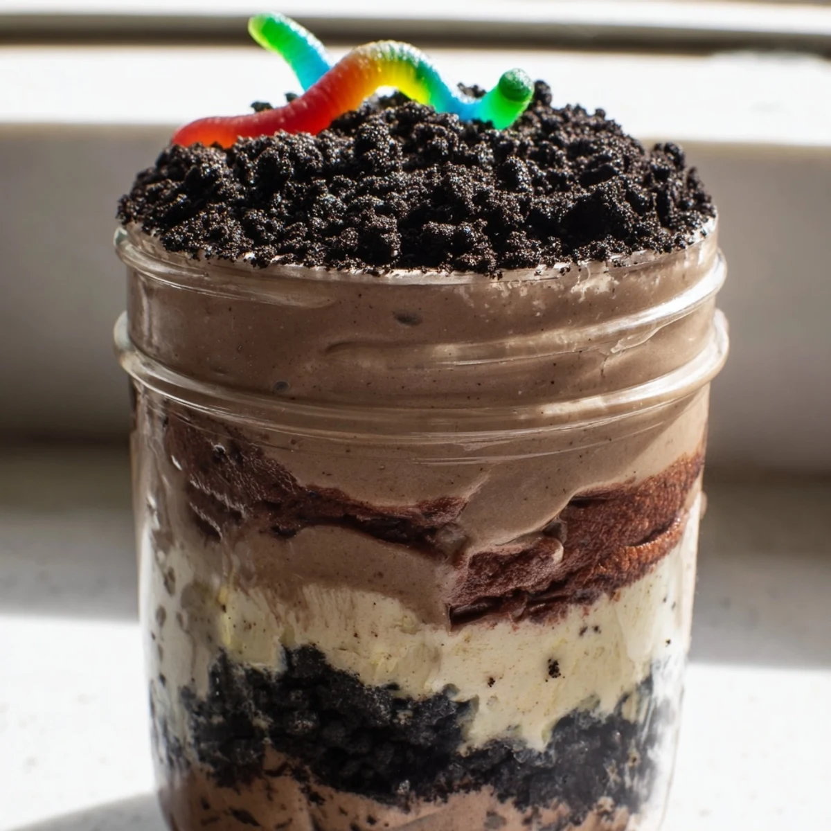 Fun dirt pudding dessert with chocolate pudding, Oreo dirt, and gummy worms