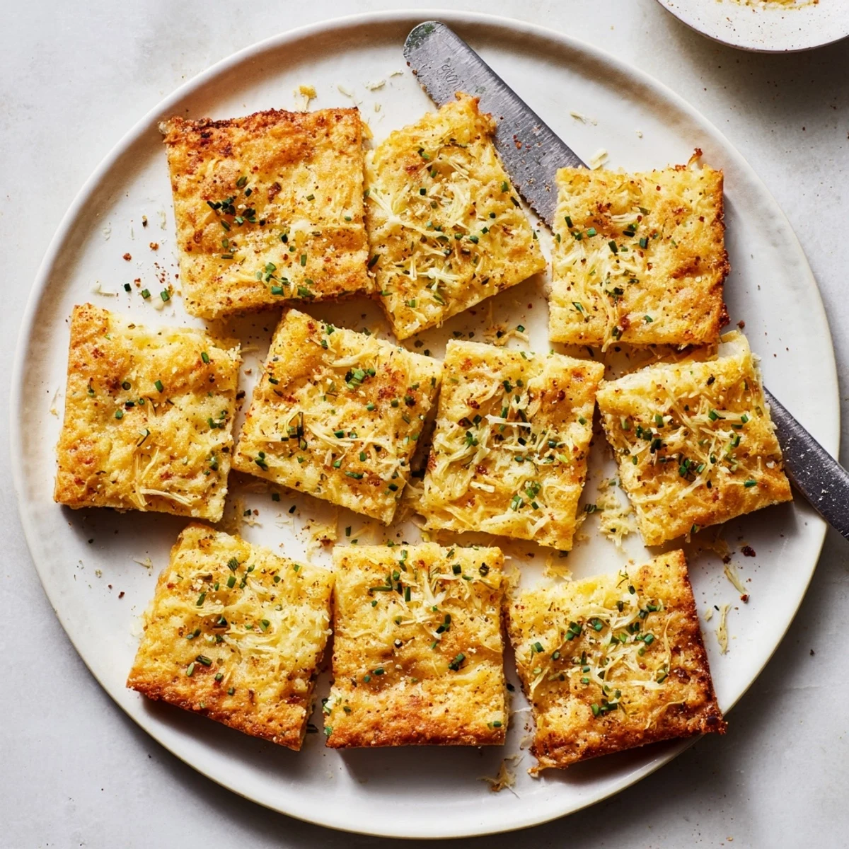 Golden baked cheddar herb snack squares crisped at the edges on parchment paper