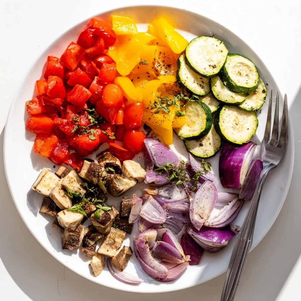 Golden caramelized classic Mediterranean roasted vegetables served on a rustic platter with fresh basil.