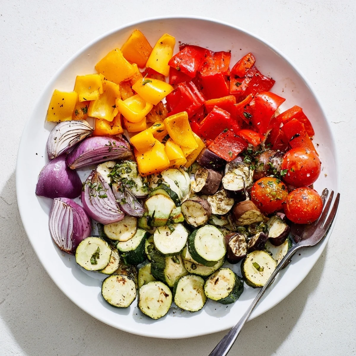 Tender herb-garlic classic Mediterranean roasted vegetables fresh from a hot parchment-lined baking sheet.