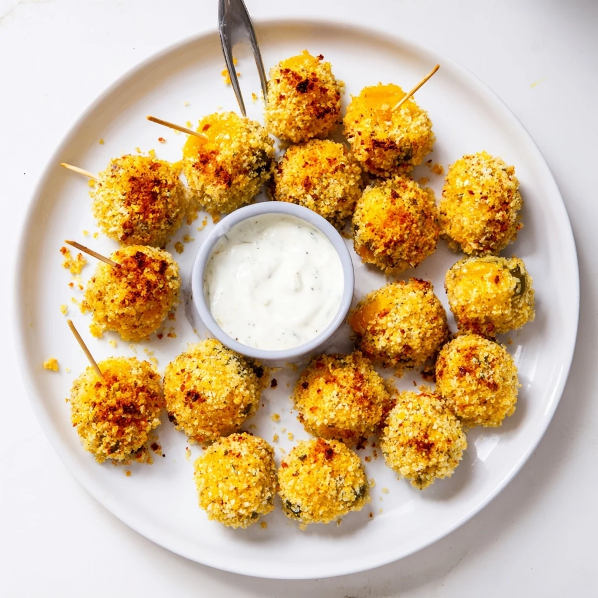 Golden crispy pickle cheese bites served warm with ranch dipping sauce