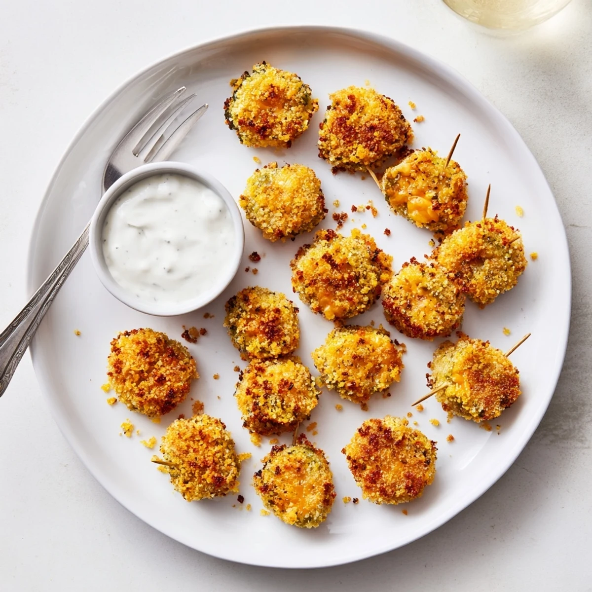 Fried crispy pickle cheese bites arranged on a platter for parties