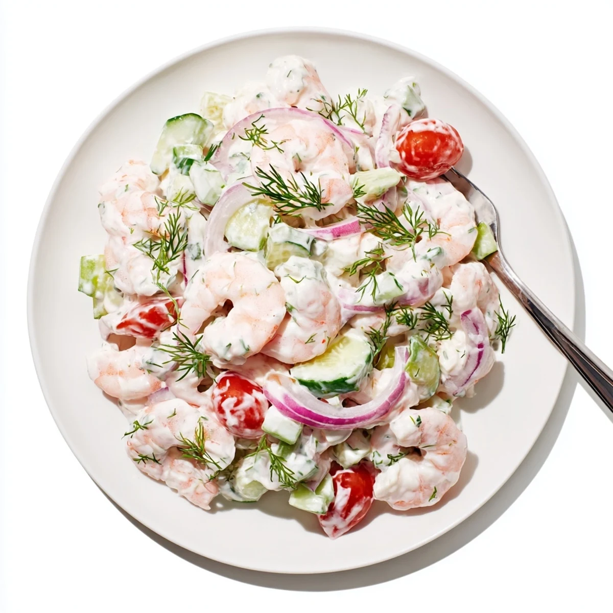 Chilled shrimp salad recipe served over leafy greens with cherry tomatoes and fresh dill