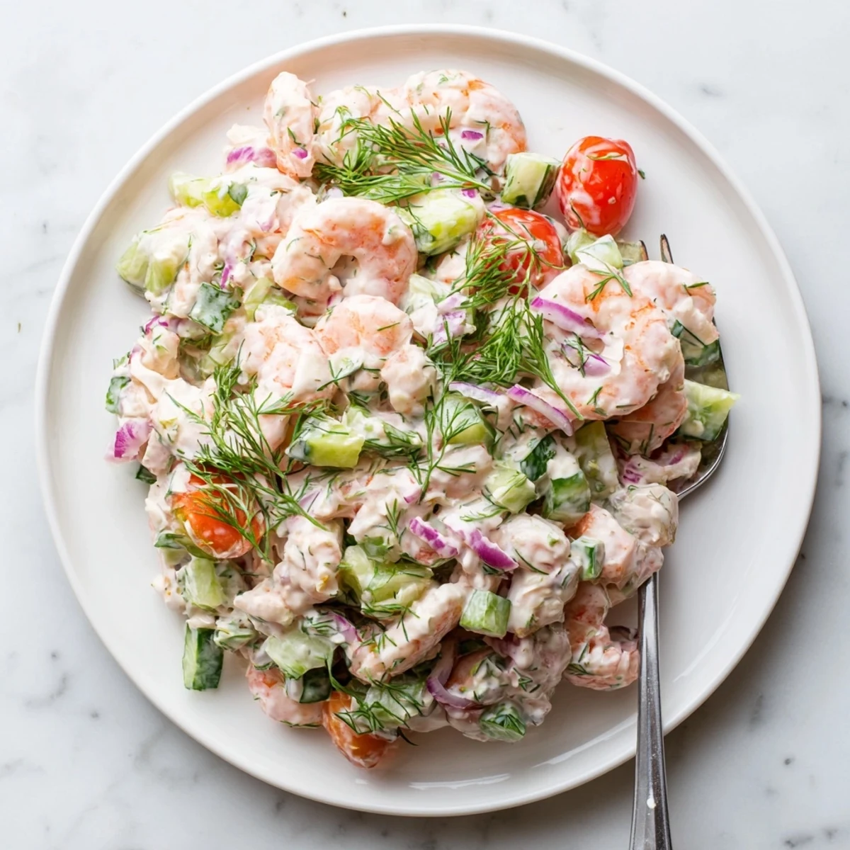 Creamy shrimp salad recipe with crisp cucumber and celery in a zesty lemon dressing
