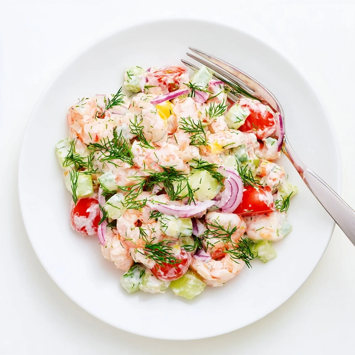 Pink shrimp salad recipe mounded in a bowl with diced red onion and herbs