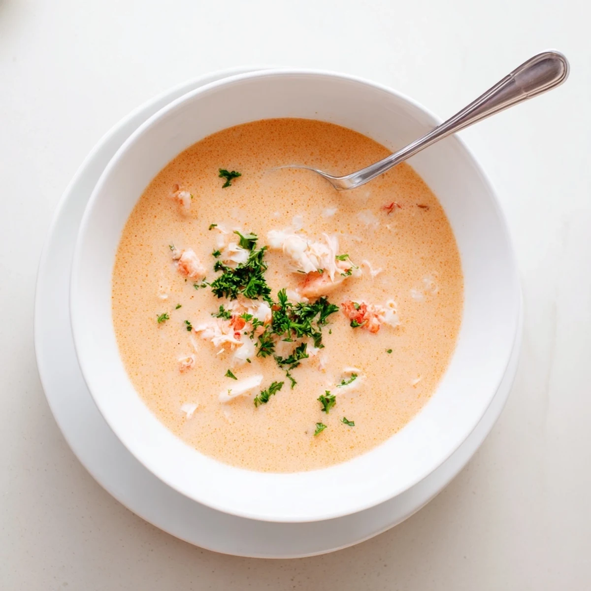 Velvety creamy crab and shrimp bisque ladled into a warm bowl with parsley garnish