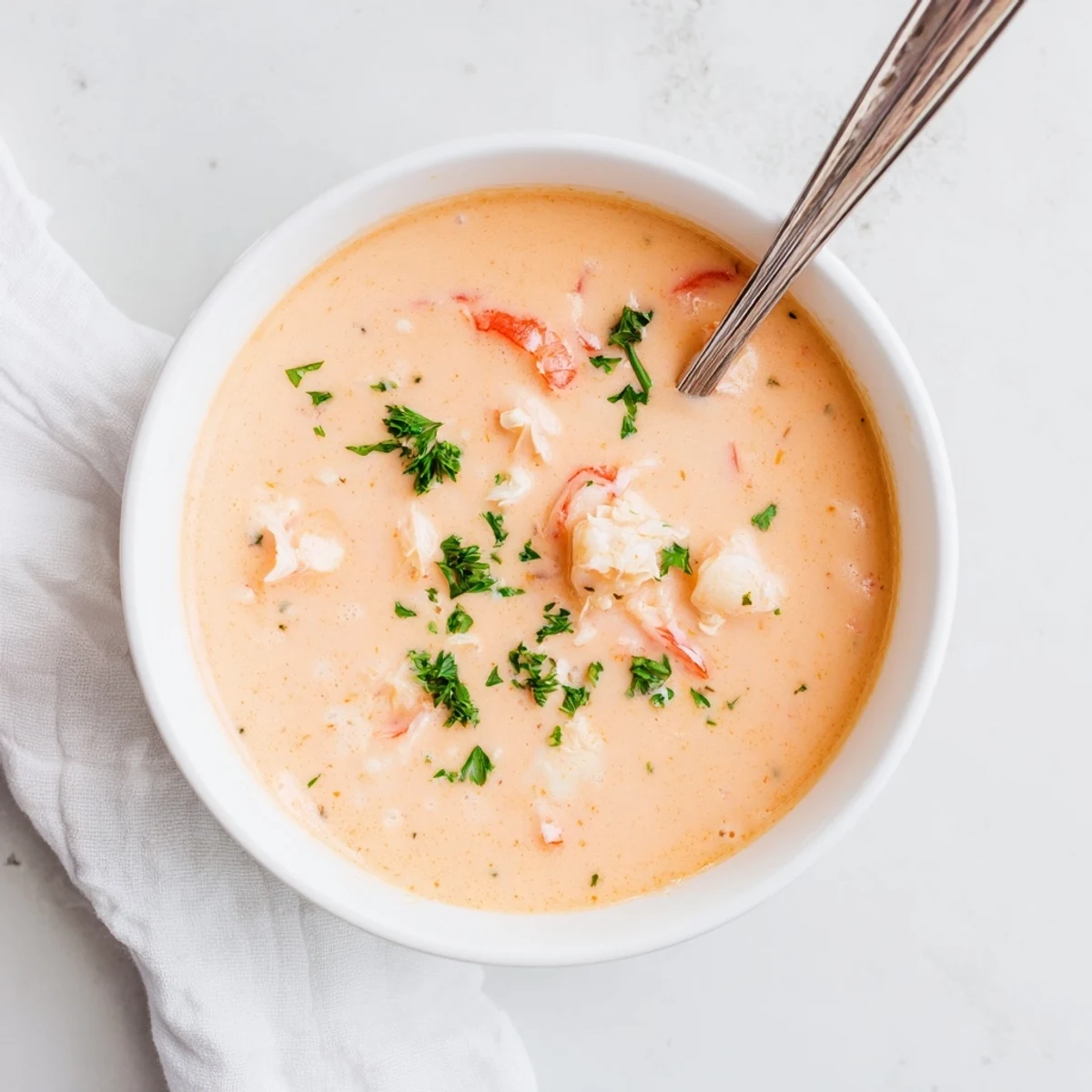 Golden creamy crab and shrimp bisque steaming in a white bowl beside crusty bread