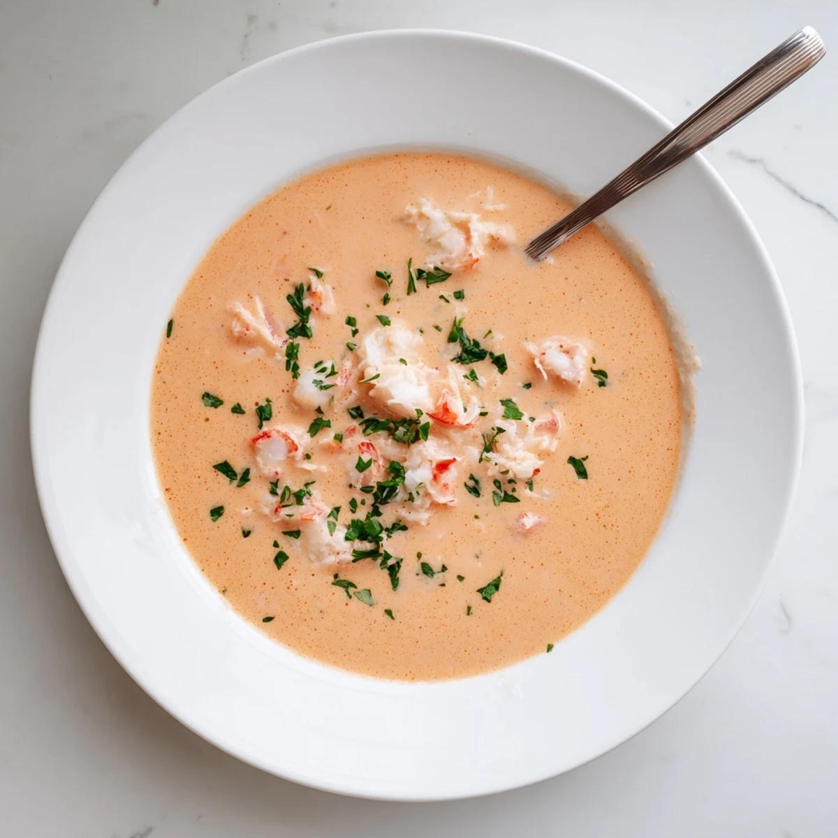 Rich creamy crab and shrimp bisque topped with tender shrimp chunks and a lemon wedge