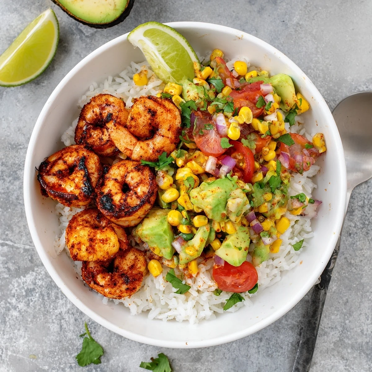 Charred grilled shrimp bowl with avocado corn salsa over fluffy white rice