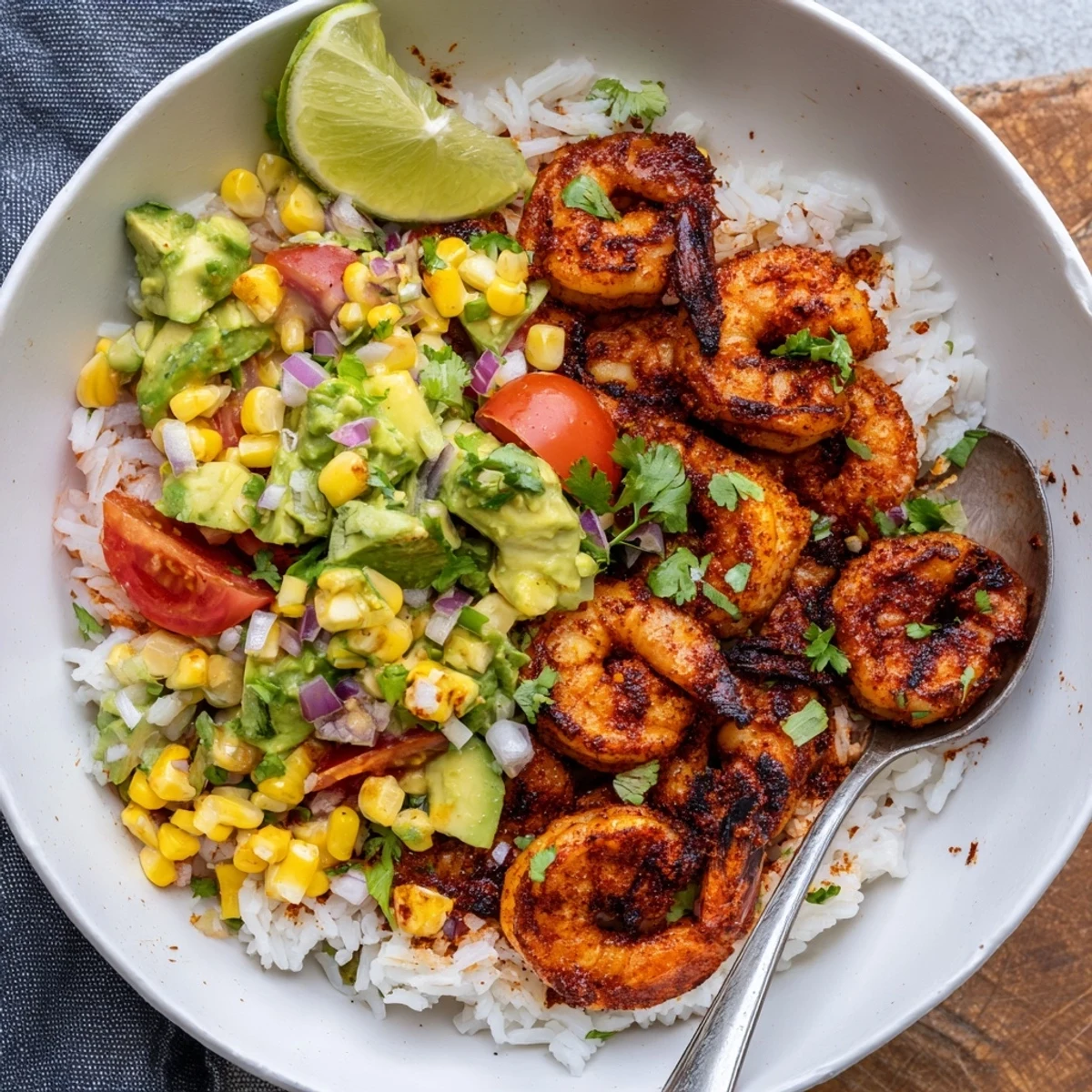 Sizzling grilled shrimp bowl topped with bright avocado corn salsa and lime wedges