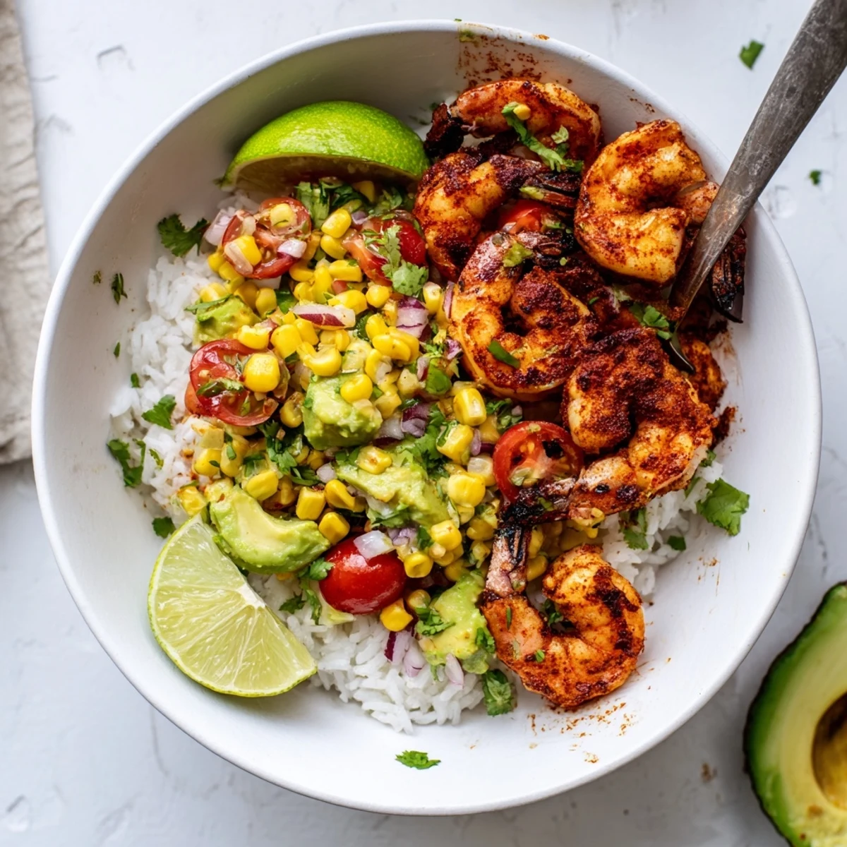 Smoky grilled shrimp bowl with creamy avocado corn salsa on a warm rice base
