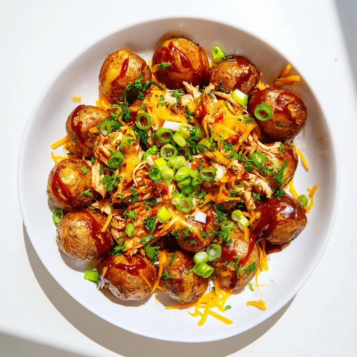 Sizzling honey BBQ chicken over crispy potatoes, garnished with green onions and parsley
