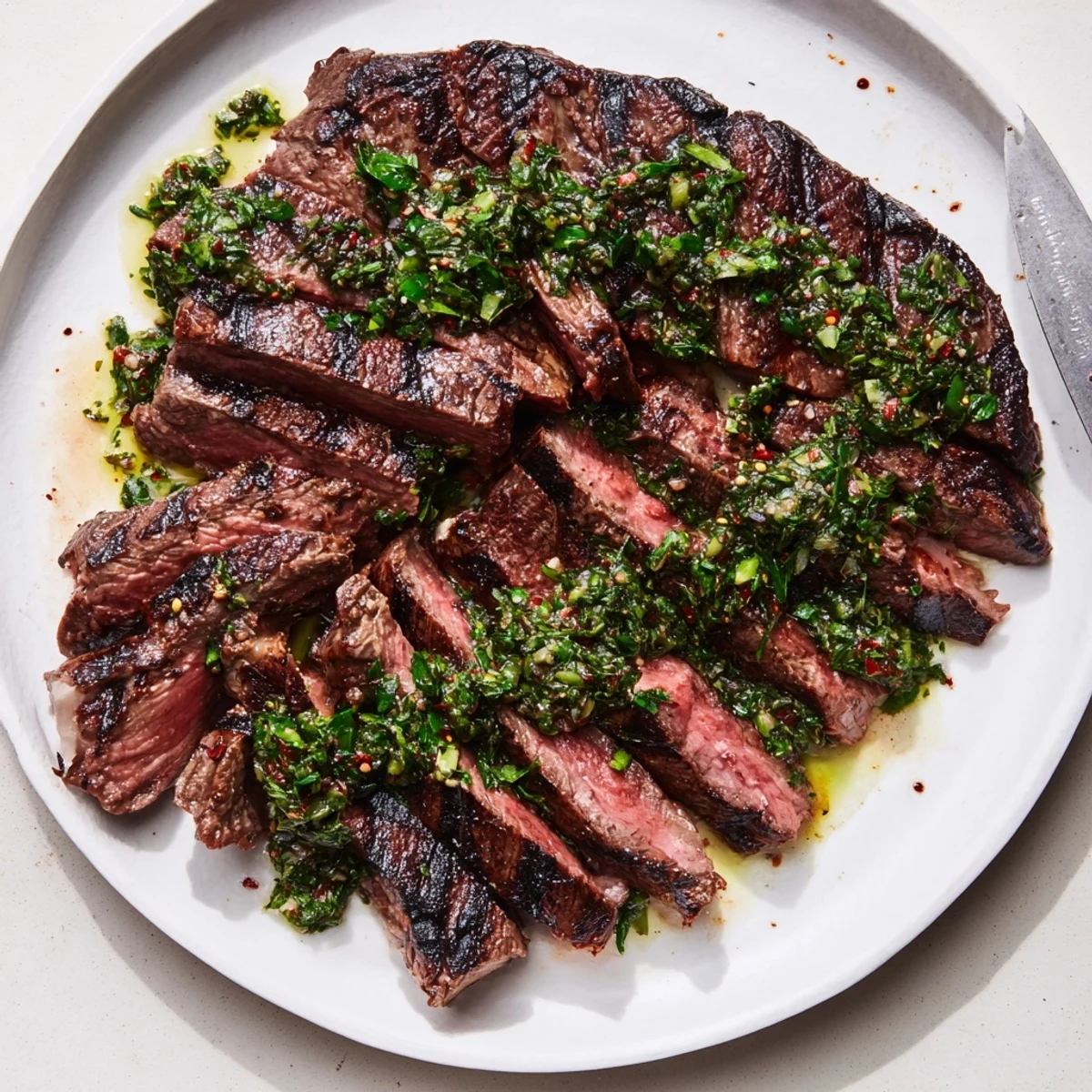 Chimichurri Steak Recipe showcases juicy grilled steak drizzled with bright herb sauce
