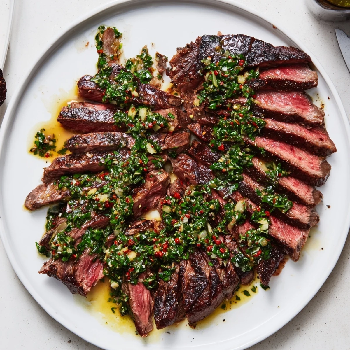 Sliced medium-rare sirloin with herb sauce, Chimichurri Steak Recipe arranged on platter