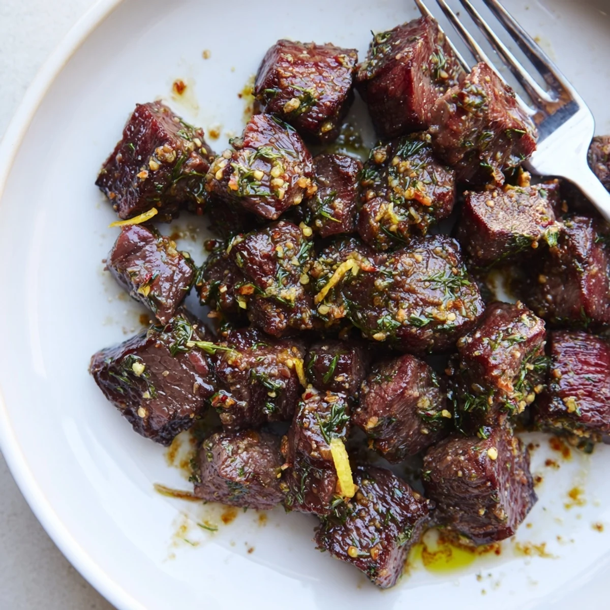 Cowboy Butter Steak Bites sizzling in skillet, garlic-herb butter coating