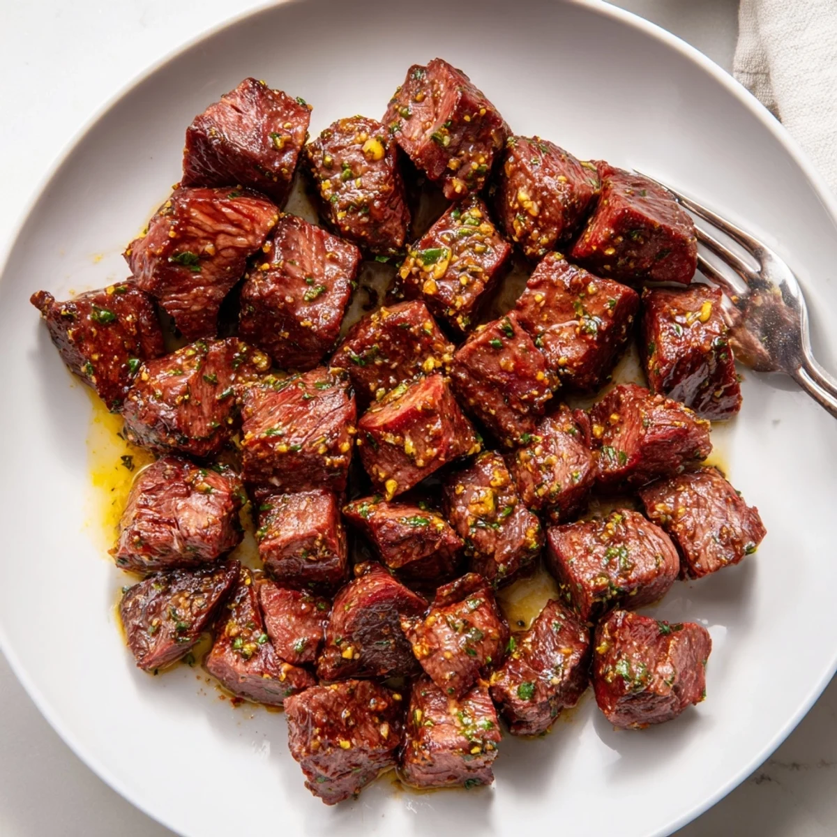 On a platter, Cowboy Butter Steak Bites glisten with zesty herb butter