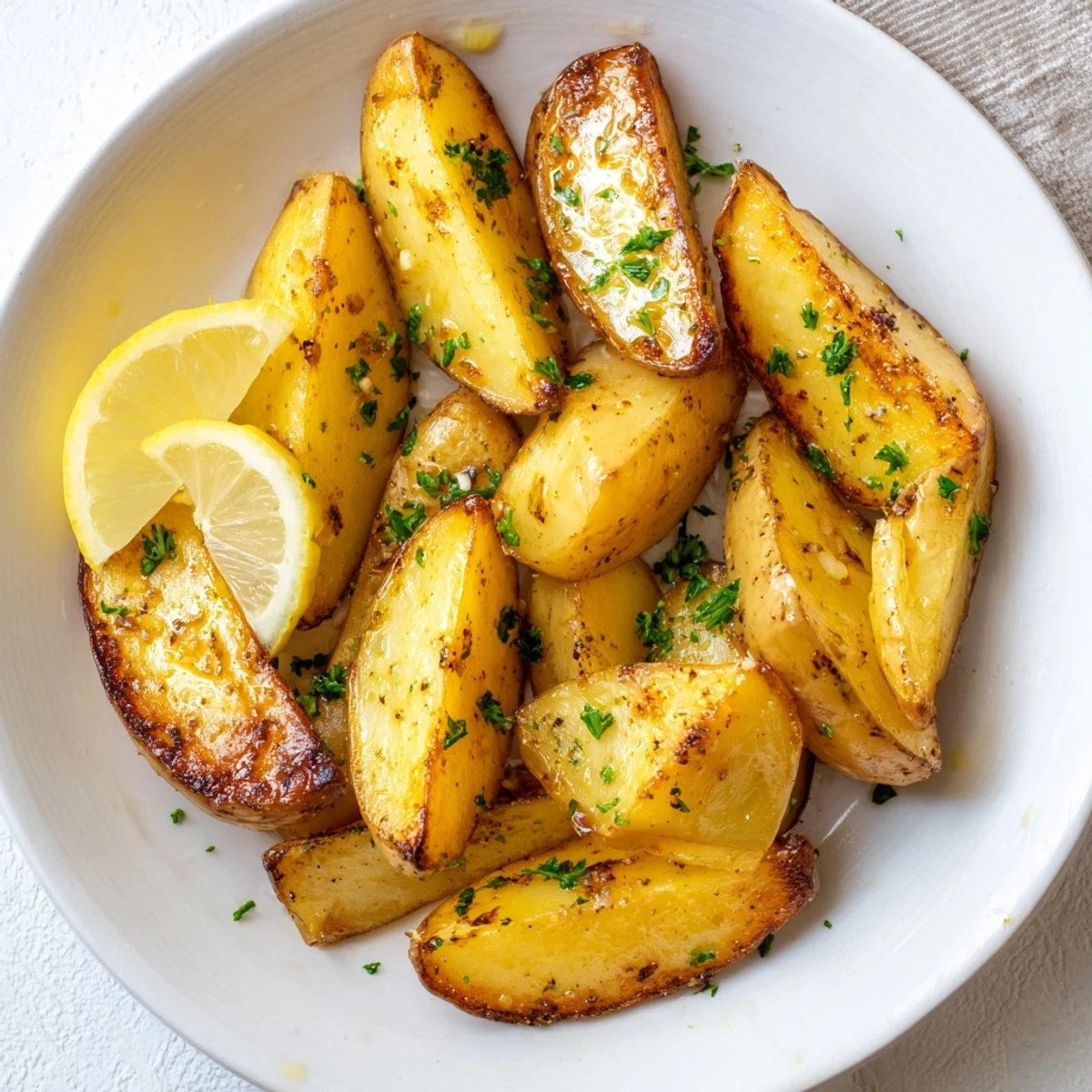 Authentic Greek Lemon Potatoes Recipe: golden, crisped wedges glistening with herb lemon marinade
