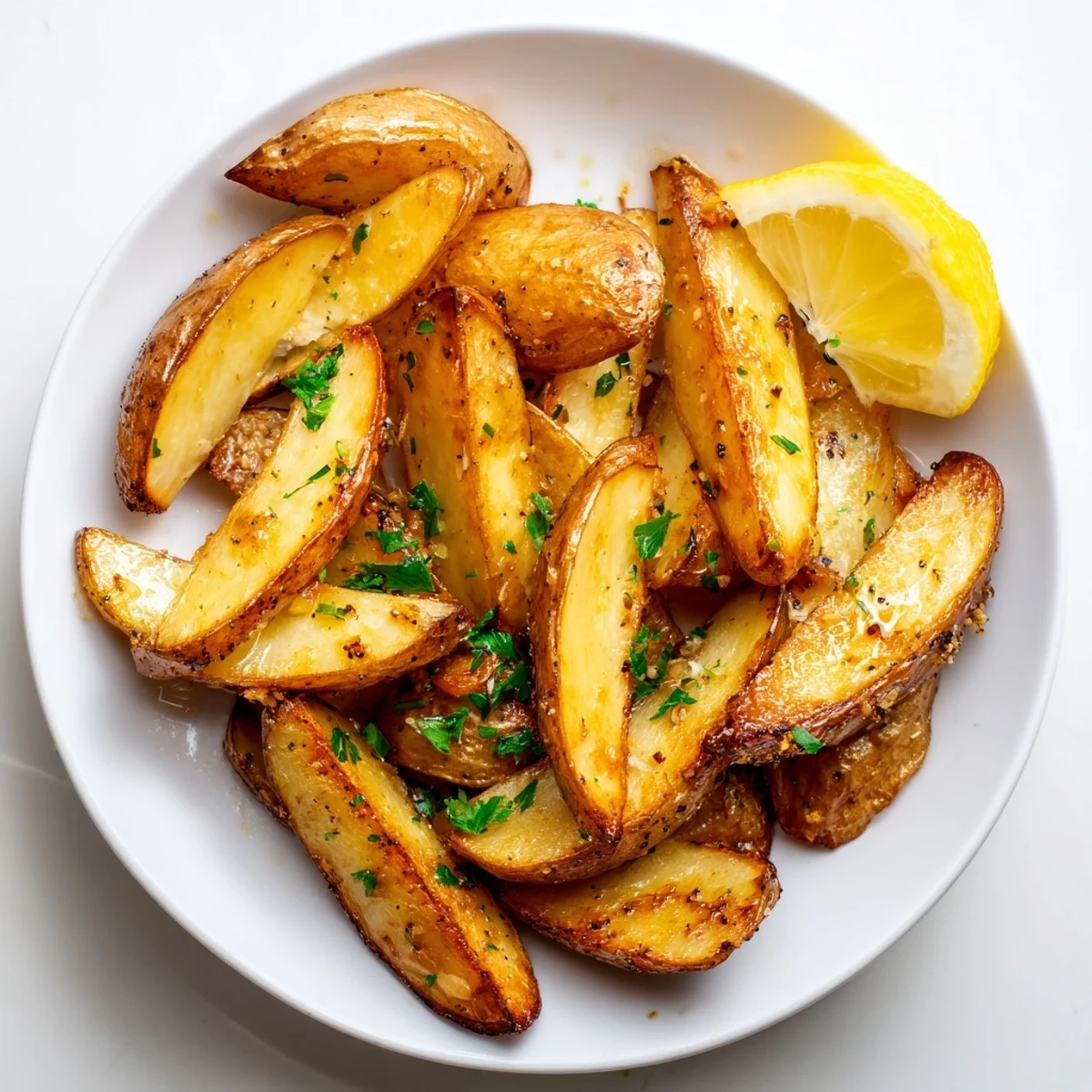 Warm Authentic Greek Lemon Potatoes Recipe served with parsley garnish and lemon wedges