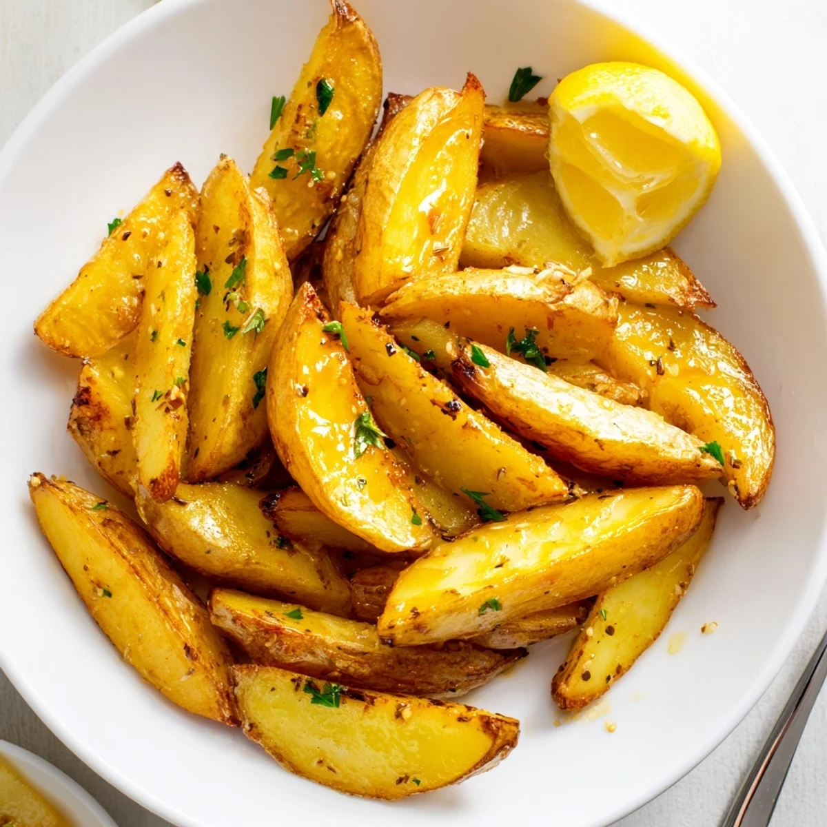 Oven-roasted Authentic Greek Lemon Potatoes Recipe, tender inside, crispy edges, bright citrus aroma