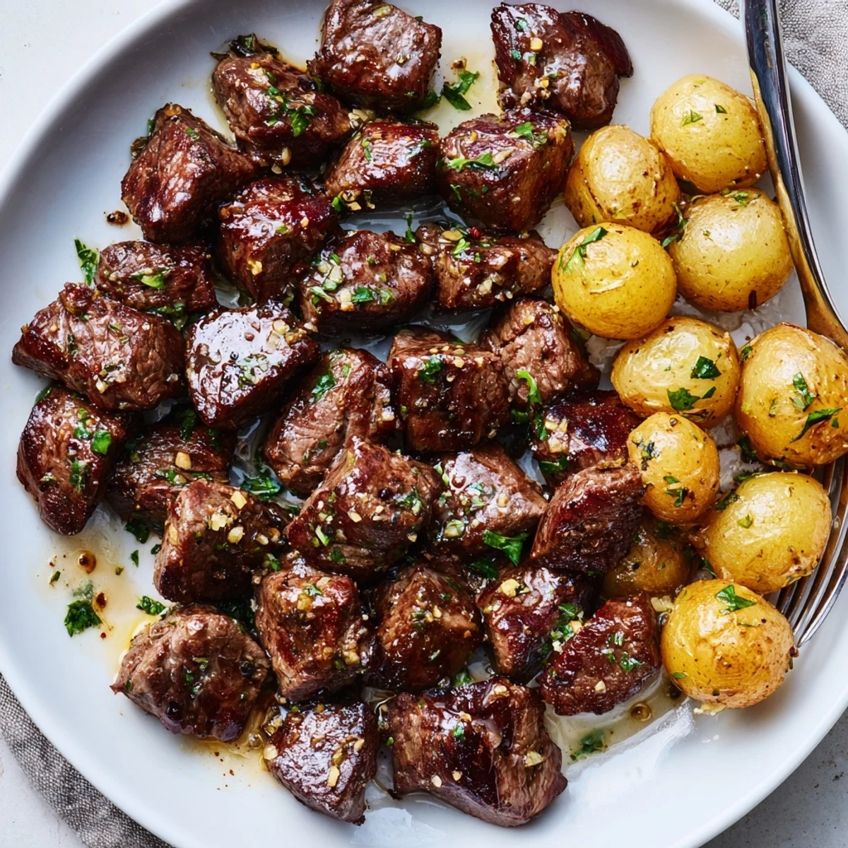 Skillet-ready Garlic Steak Bites and Potatoes plated with lemon wedge and parsley.