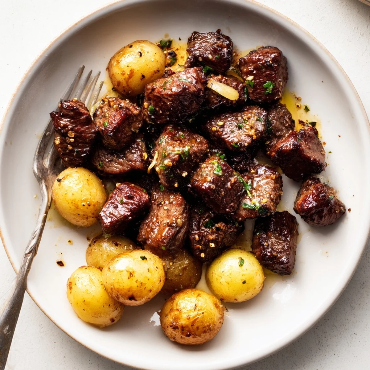 Garlic Steak Bites and Potatoes sizzling in garlic butter, tender and golden.