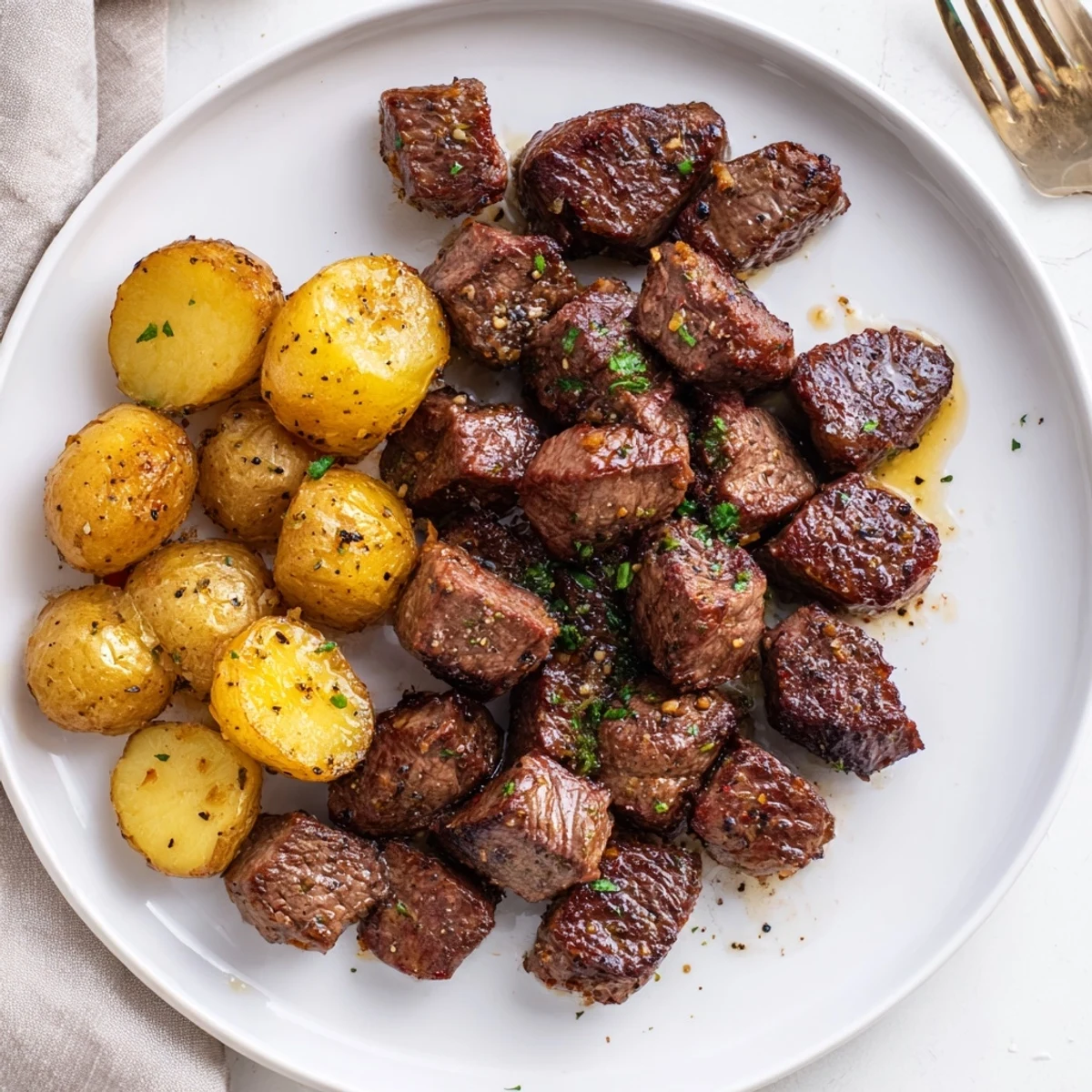 Juicy, seared Garlic Steak Bites and Potatoes served beside steamed green beans.
