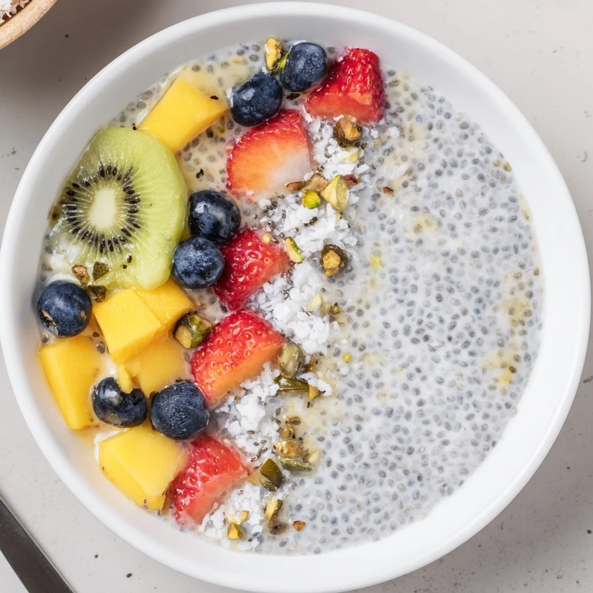 Creamy Coconut Chia Pudding topped with vibrant mango and toasted coconut flakes