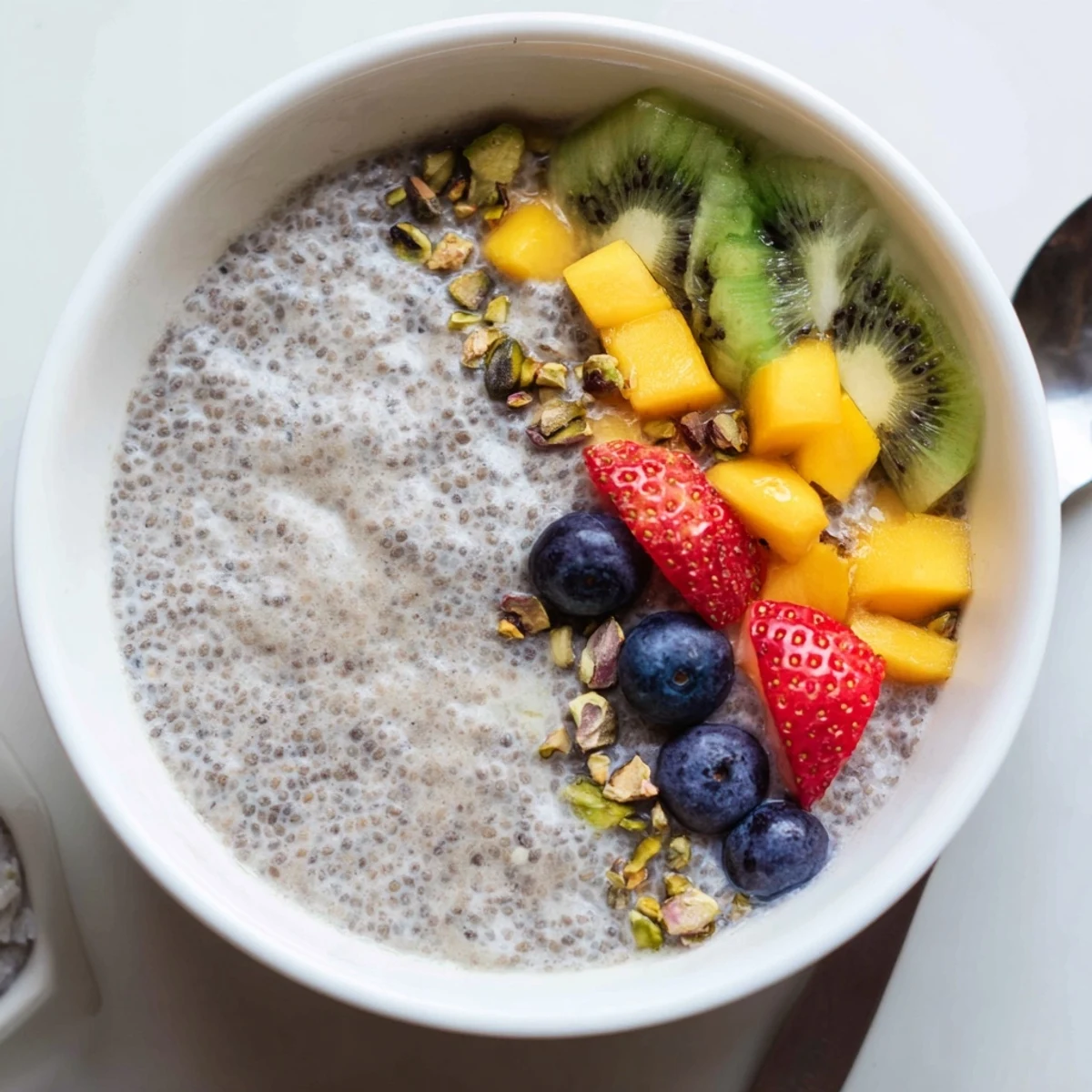 Chilled Coconut Chia Pudding in glass jars garnished with berries and almonds