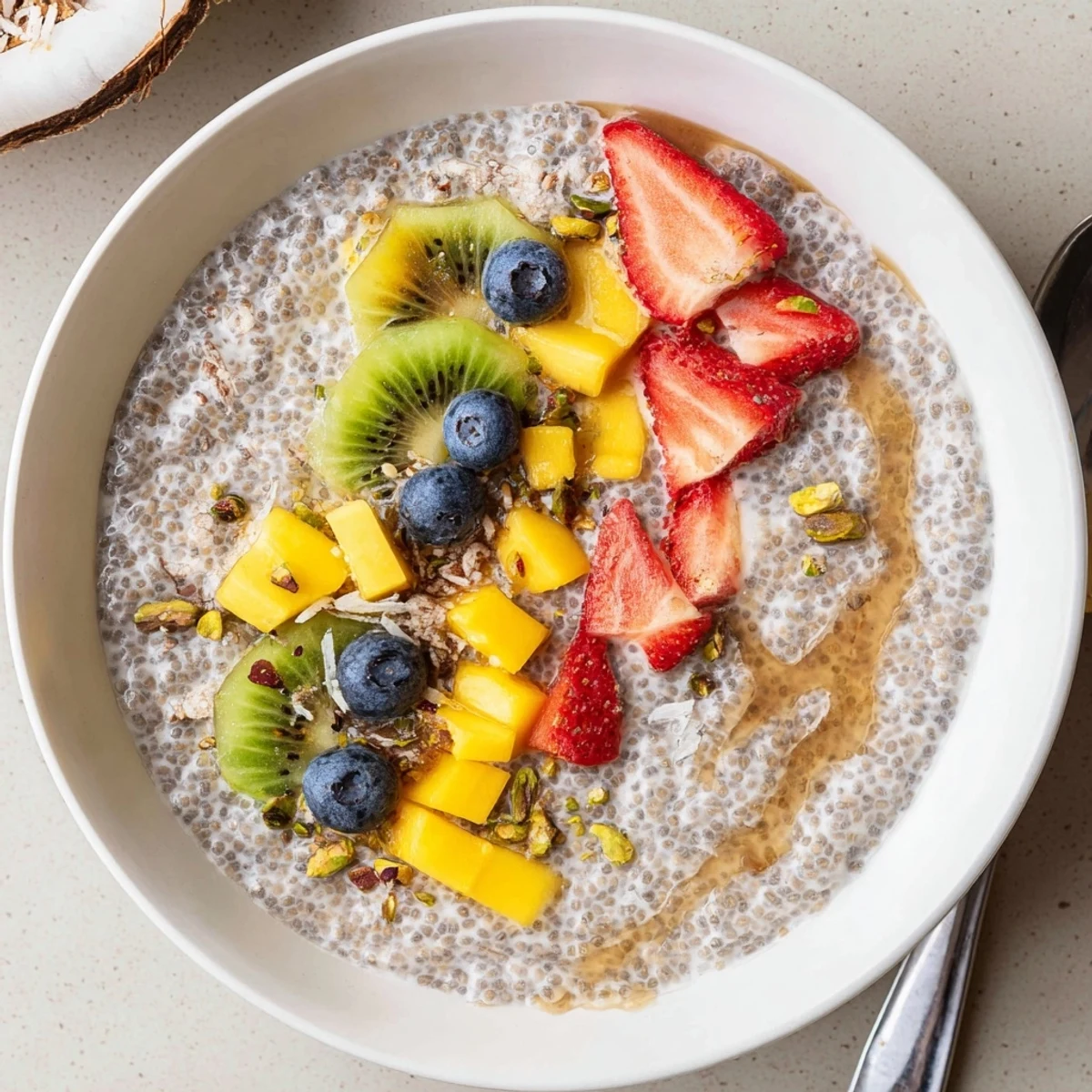 Velvety Coconut Chia Pudding showing spoonful texture, ideal for breakfast or dessert