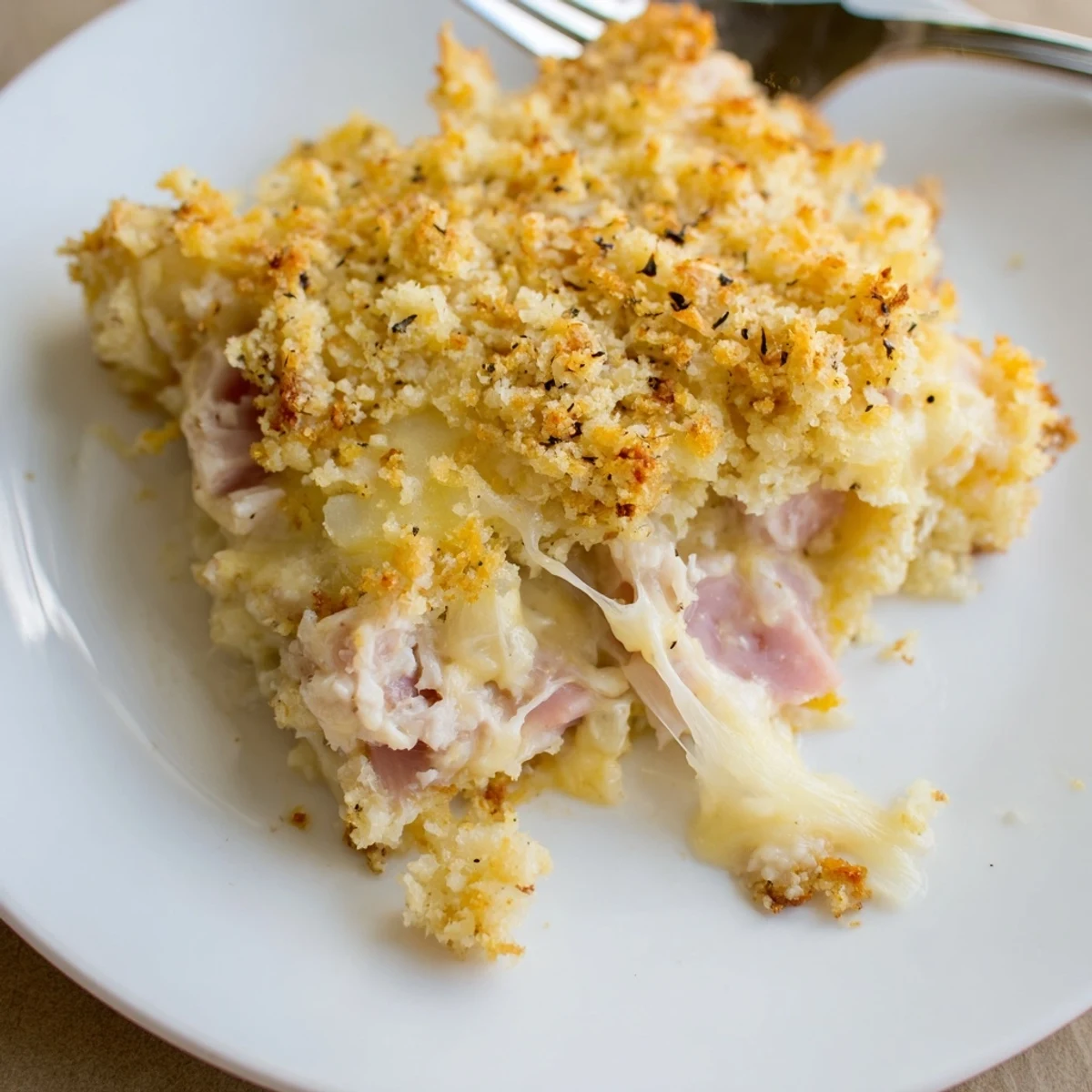 Oven fresh Chicken Cordon Bleu Casserole resting for five minutes, creamy Dijon aroma