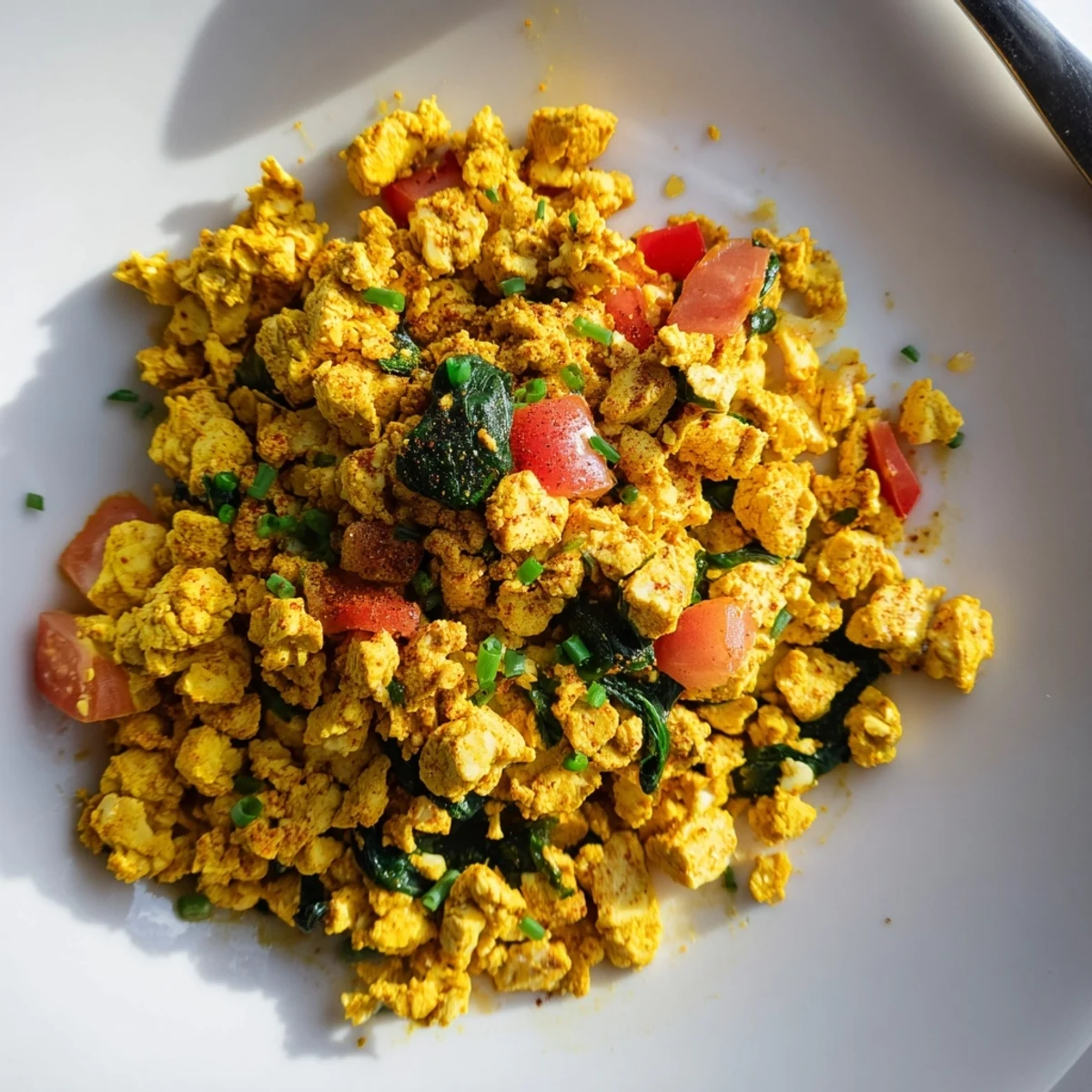 Creamy Tofu Scramble served hot on toast with avocado and chives.