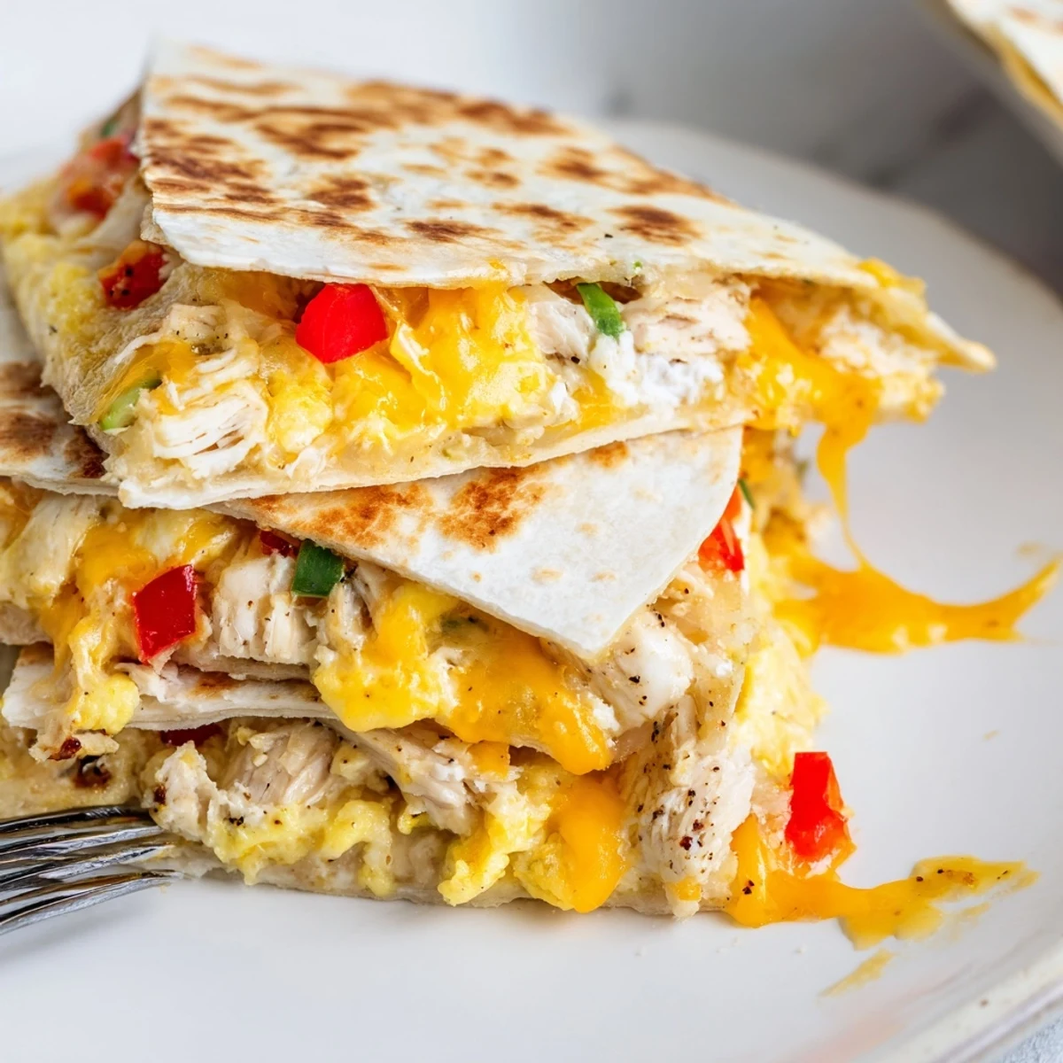 Chicken Breakfast Quesadilla sliced into golden wedges, melty cheese oozing