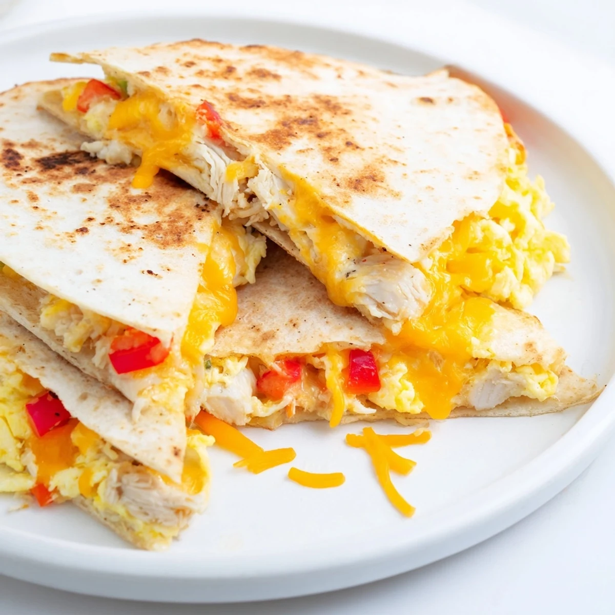 Toasted Chicken Breakfast Quesadilla on a plate, served with avocado and salsa